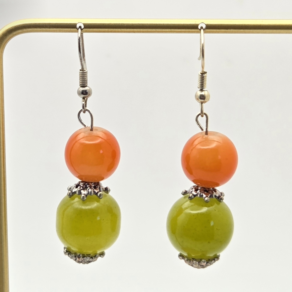Retro Chartreuse & Tangerine Glass Bead Drop Earrings
